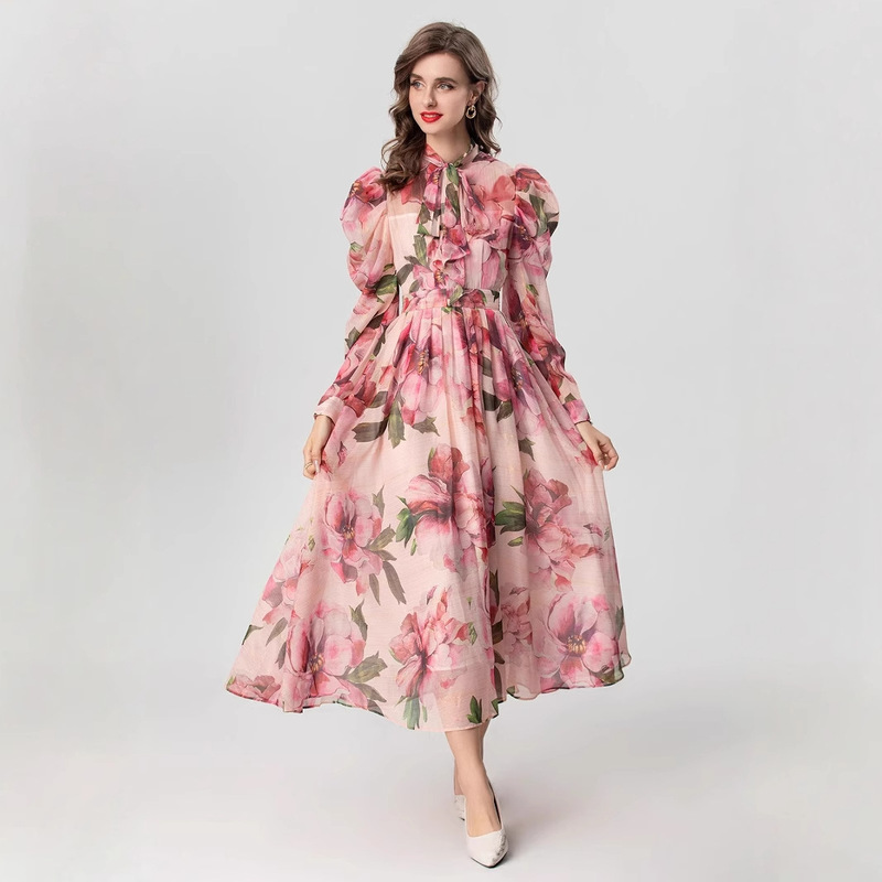 French Retro Pink Large Floral Print Dress for Women 2025 Spring & Fall Long-Sleeved Bow Waist A-Line Skirt