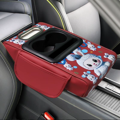 Armrest box pad, Pad Memory Foam Universal Tissue - red-blue-rabbit