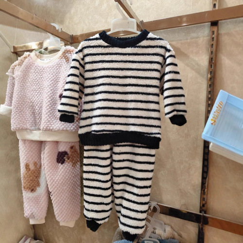 Children's Homecoming Dress Thick Winter Korean Style One-Sided Fleece Pajama Set for Big Kids, Unisex Two-Piece Set