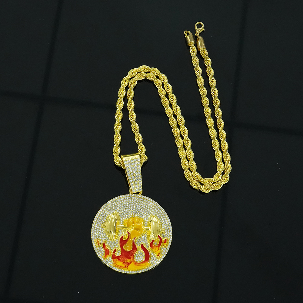 Amazon nuevo hombre hip-hop aleación de diamantes de imitación llama mancuerna colgante deportivo fitness joyería collar tira