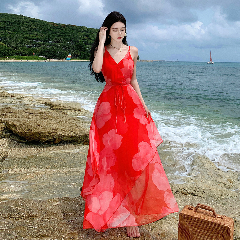 实拍仙女裙旅游度假系夏季红印花吊带连衣裙长裙