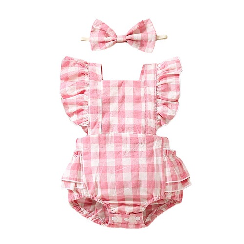 Amazon AliExpress Cross-border Hot Selling Girls' Bubble Cotton Two-Color Checkered Sleeveless Climbing Suit Bodysuit + Headpiece