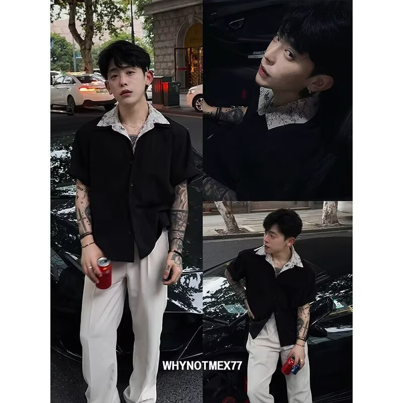 Lapel Short-Sleeved Shirt for Men 2026 New American Retro Summer Men's Polo Shirt Half-Sleeved Fake Two-Piece Top
