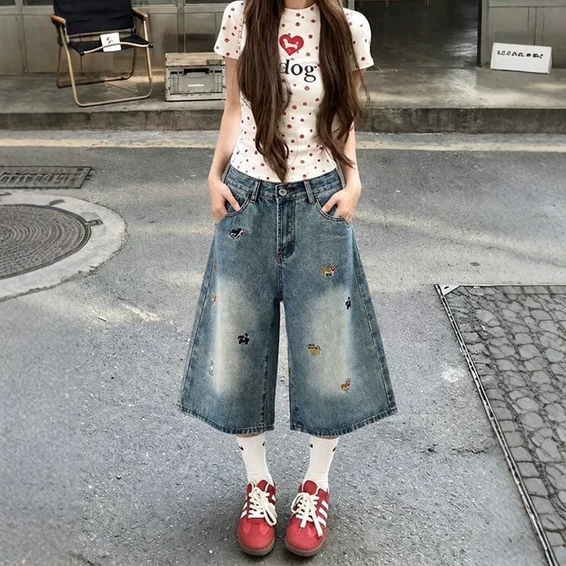 American-style embroidered wide-leg cropped jeans for women, new summer style, loose straight-leg cropped wide-leg pants for petite women