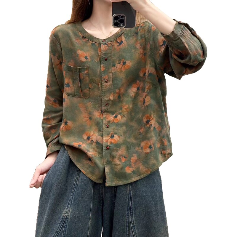 文艺复古长袖棉衬衫女春秋季新款宽松休闲圆领开衫上衣女装外套|undefined
