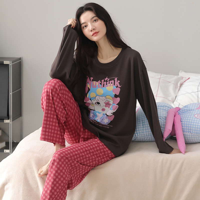 纯棉睡衣女春秋款带胸垫长袖套装2025新款圆领可爱卡通外穿家居服|undefined