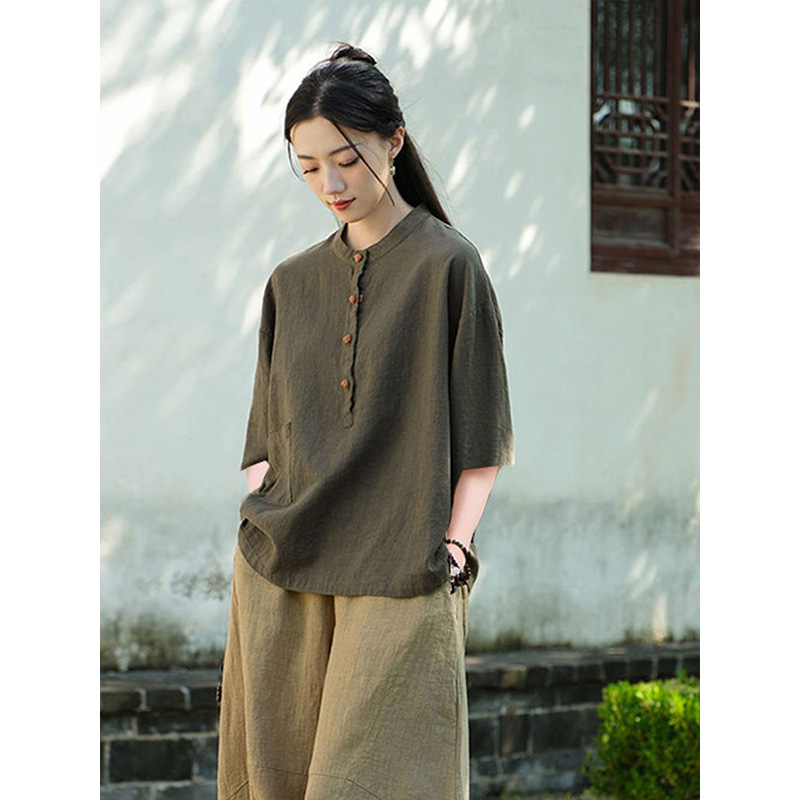 女性用在家服、中国風婦人服、綿麻ボタン付きトップス、禅服、中国風仏教禅無地スーツ|undefined