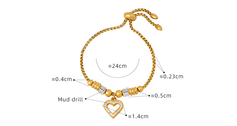 14g Weight 0.03µm-0.05µm Gold Plating Thickness PVD Coated Gold Plating Process PVD Coated Real Gold Plated 18K Gold Heart Shape Titanium Steel Elegant Shiny Waterproof Non Tarnish 304 Stainless Steel Bracelets