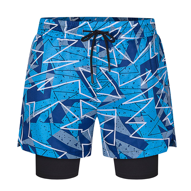 Pantalones cortos deportivos transfronterizos de secado rápido pantalones cortos de dos piezas falsos de los hombres bañador de doble capa anti-exposición pantalones de playa impresos elásticos