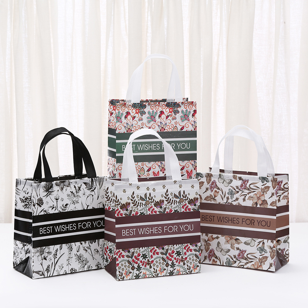 碎花时尚无纺布覆膜手提袋防水外卖打包袋子甜品糕点包装袋批发