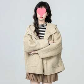 韩版宽松连帽毛呢外套女秋冬款加厚毛呢阔版大衣时尚小个子潮