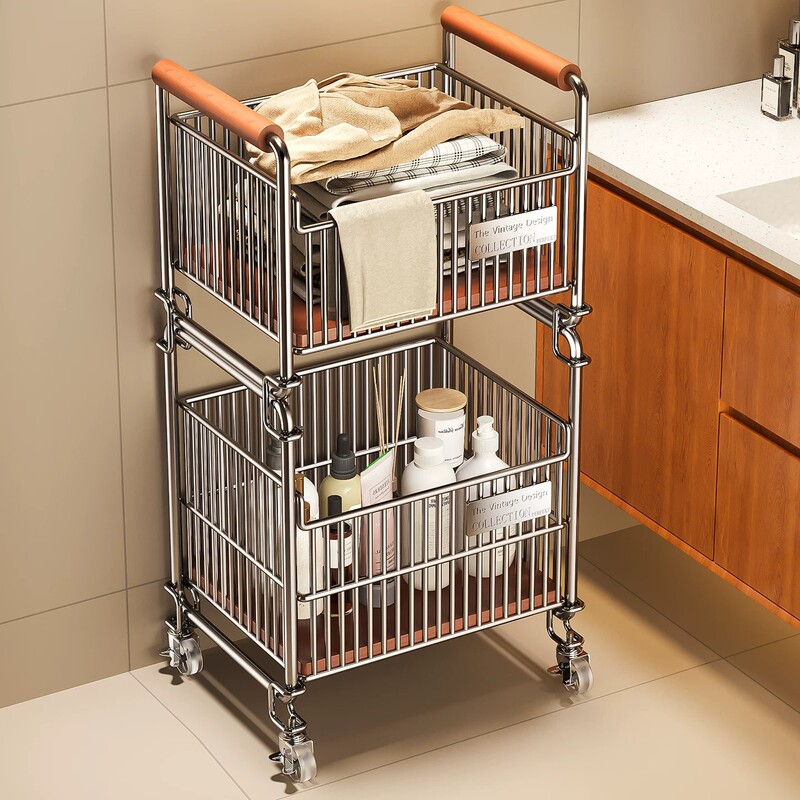 304 Stainless Steel Dirty Laundry Basket Trolley, Floor-Standing Mobile Bathroom Storage Basket, Snack Storage Rack 304 Stainless Steel Dirty Laundry Basket Trolley, Floor-Standing Mobile Bathroom Storage Basket, Snack Storage Rack