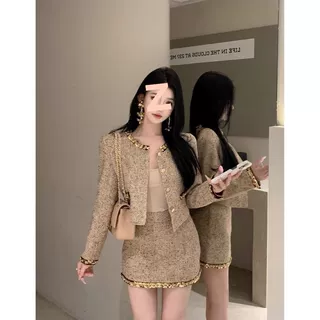 小香风套装裙两件套春秋新款名媛小个子短款外套女亮片时尚短裙套