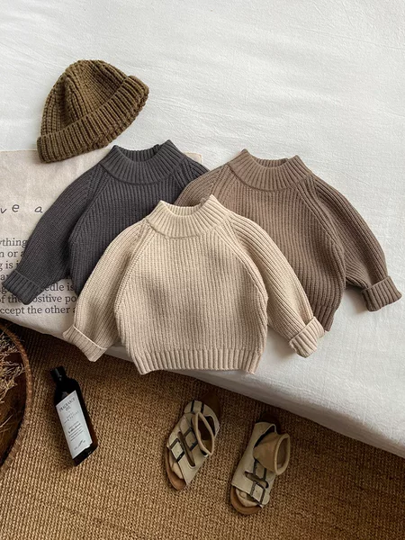Korean Children's Clothing 2026 New Retro Autumn and Winter Children's Sweater, Thick Knit Pullover, Half-High Collar, Unisex Children's Sweater