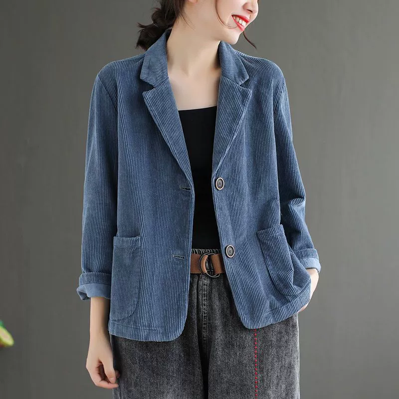 Костюм из гуда Corduroy, однотонный пиджак, осенний ретро с длинным рукавом для отдыха, высокий воротник, 2023, оверсайз