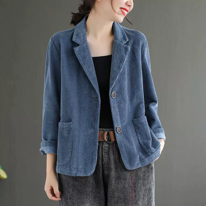 Костюм из гуда Corduroy, однотонный пиджак, осенний ретро с длинным рукавом для отдыха, высокий воротник, 2023, оверсайз