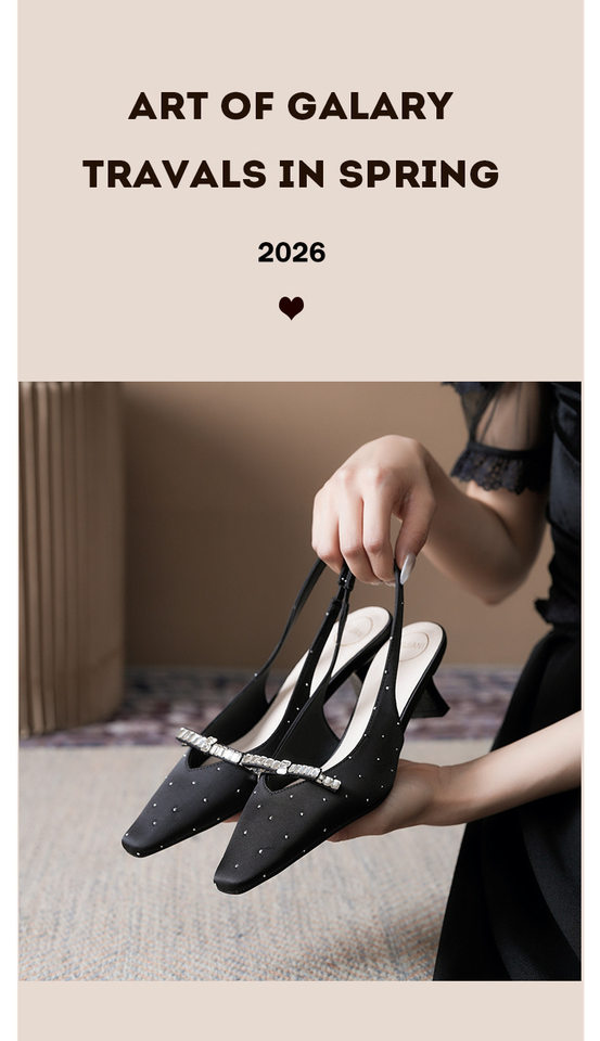 Sandal nữ bít mũi hở gót chất liệu satin đính đá, gót vuông thấp 3–6 cm — Màu be, Màu hồng nhạt, màu đen chi tiết 4