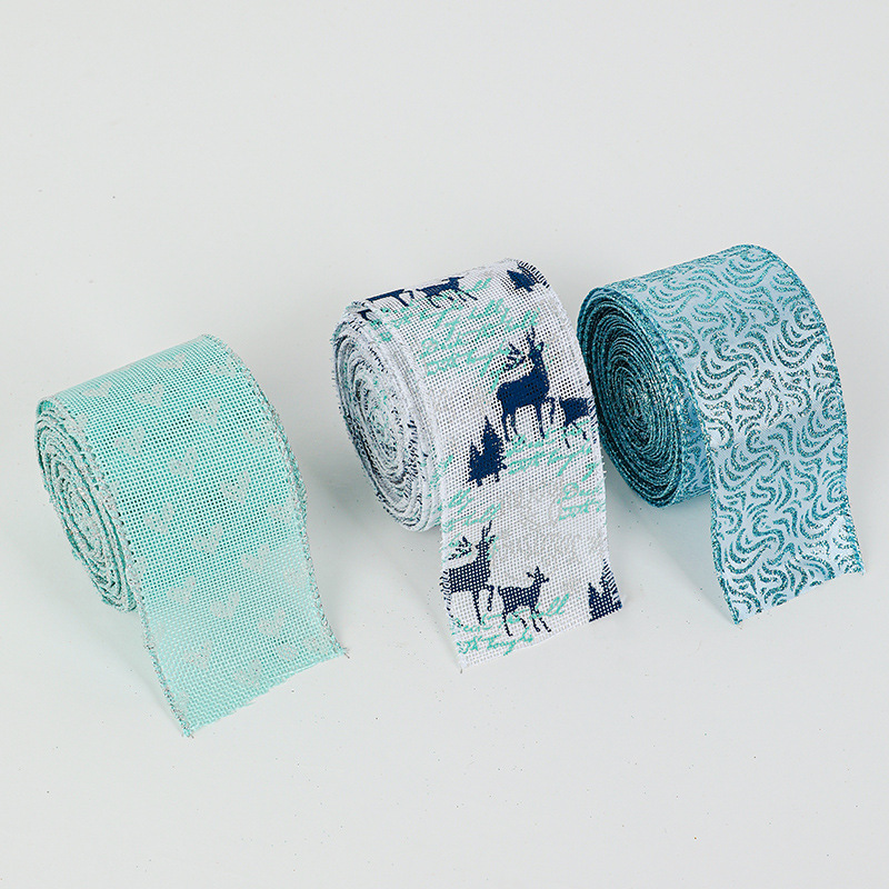 Navidad nuevo 6,3 cm arco azul ELK patrón imitación Lino cinta hierro alambre borde DIY arco cinta