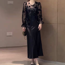 新中式国风女装轻奢高级感小洋装黑色衬衫吊带连衣裙子套装女夏季