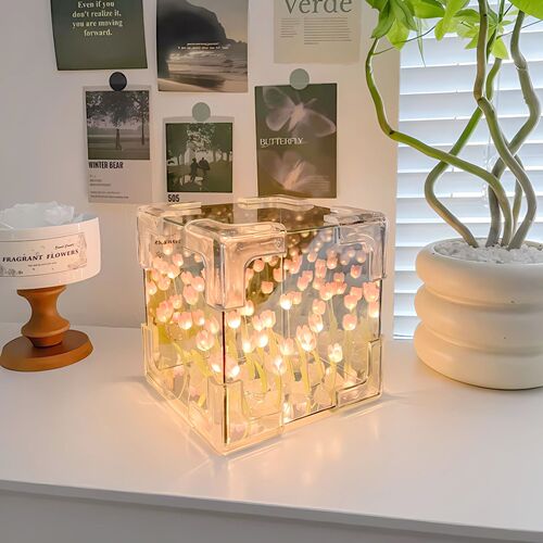 Handmade DIY Flower Sea 3D Magic Cube Tulip Night Light Kit with Rose for Girlfriend Couple Friend Gift