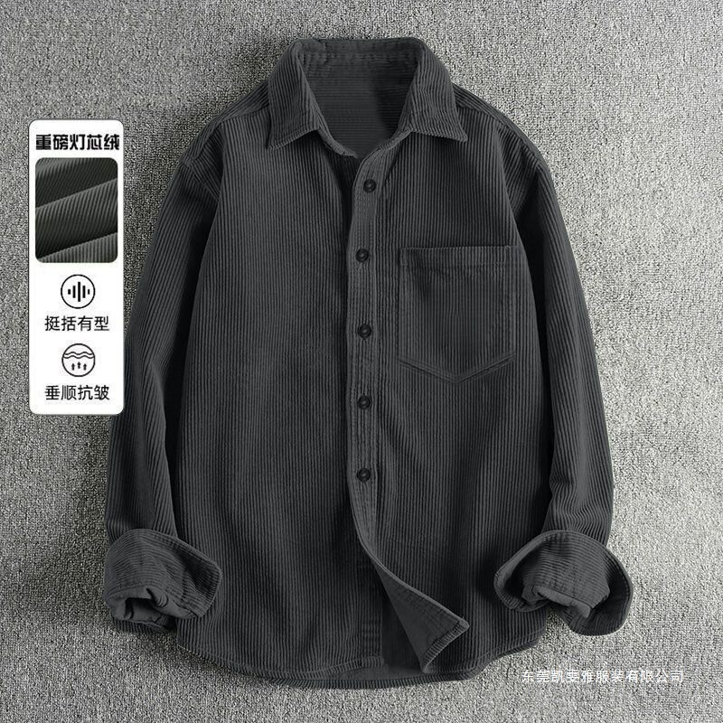 Men's Corduroy American-Style Shirt, Spring and Autumn Loose-Fitting Long-Sleeve Vintage Shirt, Outerwear, Large Size, Turn-Down Collar