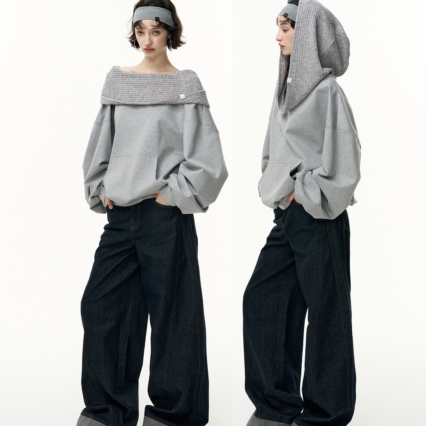 Mamba Cotton Slanted Shoulder One-Line Collar Loose Pullover Splicing Hooded Sweatshirt Off-Shoulder Top Women's Autumn Cross-Border Foreign Trade Wholesale