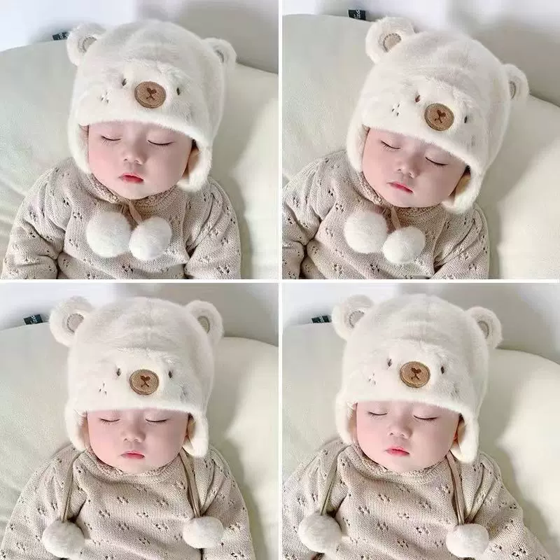 婴儿帽子秋冬季毛绒帽加厚可爱小熊超萌男女宝宝护耳帽冬天保暖帽