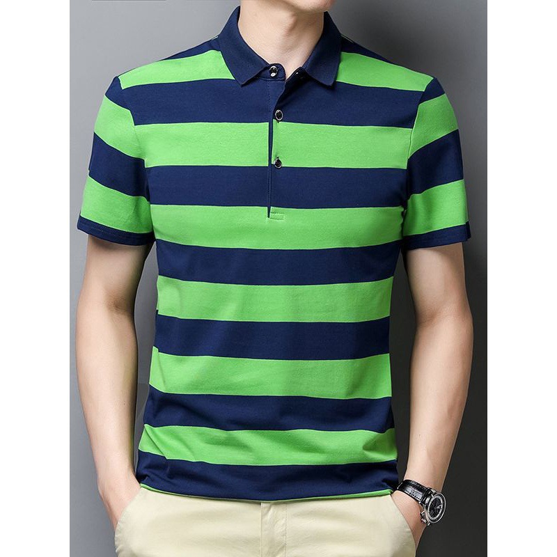 [Puede abrirse] polo de algodón a rayas de hombre ligero de negocios T-shirt de manga corta con collar a rayas elásticas