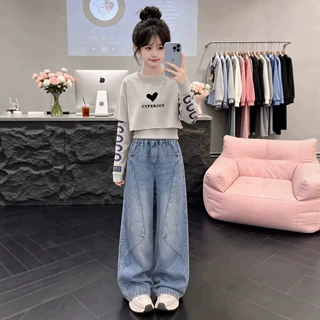 女童长袖套装2026春秋圆领假两件儿童洋气时髦牛仔裤套装潮流代发