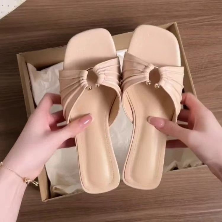 Suave estilo francés plegado pendiente con zapatillas de verano para mujeres 06 nuevo con falda antideslizante desnudo zapatillas frías image 2