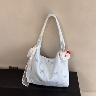 Capacious blue shopping bag for leisure with bow, one-shoulder bag, with embroidery, for students