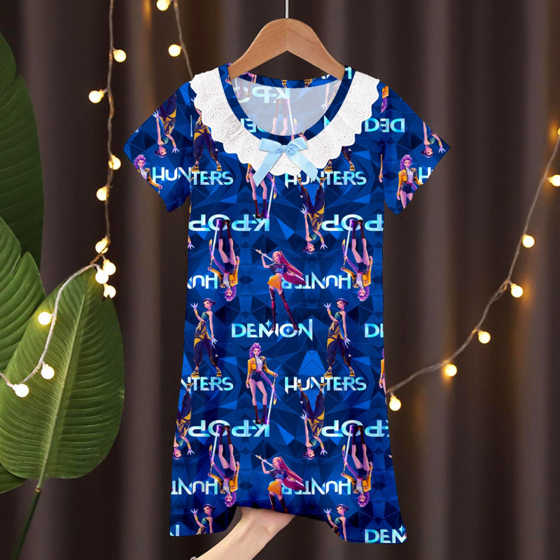 儿童睡衣夏季中大女童花边短袖睡裙卡通宝宝库洛米猎魔女团家居服