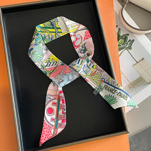 Silk scarf women's thin narrow bundle scarf spring and autumn printed Korean version double-sided decorative scarf headband temperament streamer ribbon