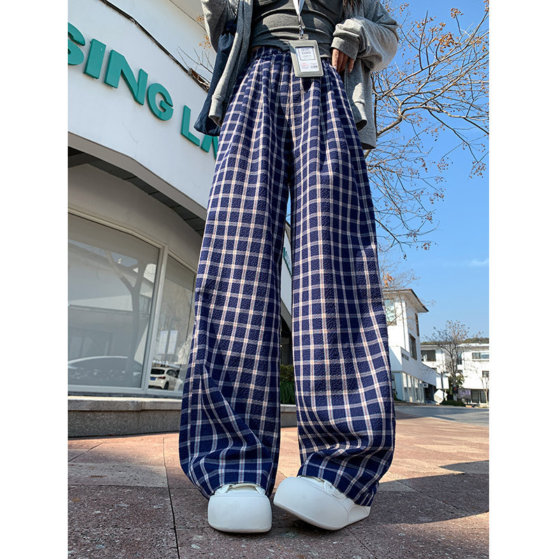 Retro Blue Plaid Wide-Leg Pants for Women, Summer 2026 New Style, Casual High-Waisted Slimming Loose Floor-Length Pants