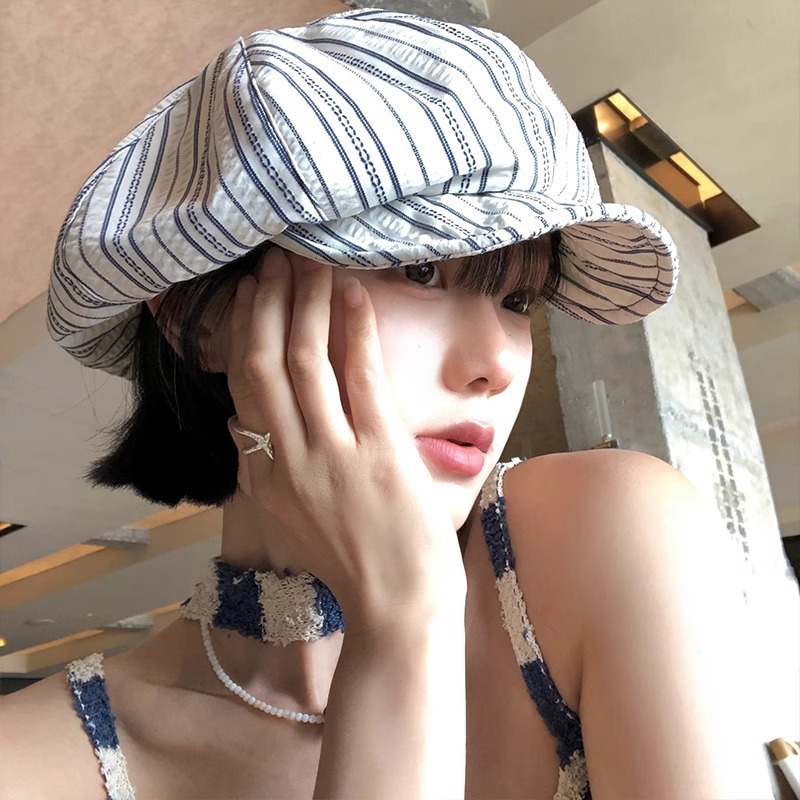 レトロストライププリーツベレー帽女性の春と夏のニッチ不規則な大きな頭囲顔を小さくする日焼け止め画家の帽子|undefined