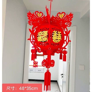 红灯笼挂件大红喜字灯笼结高档灯笼婚房布置喜庆灯笼宫灯高档植绒