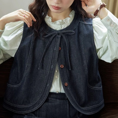 レトロな丸首とデニムのベストセットの女性の早秋のスカートの2つのセット