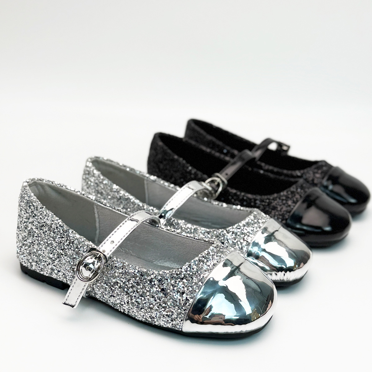 French Round-Toe Shallow Girls' Flat Shoes, Sweet 2025 New Style Sequin Rhinestone Silver Girls' Mary Jane Shoes