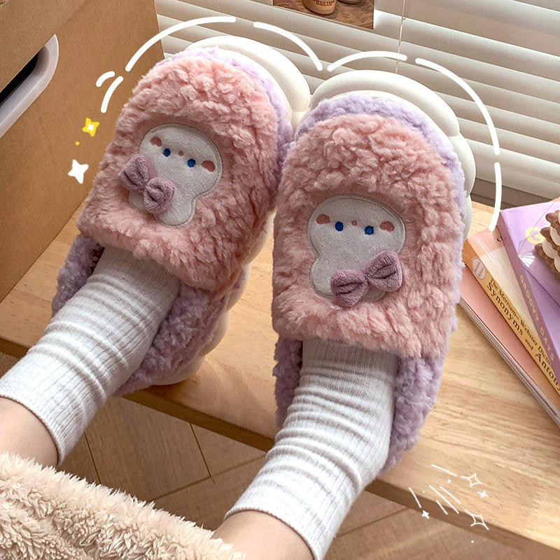 Хлопковые тапочки для женщин, осенне-зимняя домашняя теплая пушистая Милая толстая подошва на флисовой подкладке, нескользящая хлопковая обувь для мужчин после родов