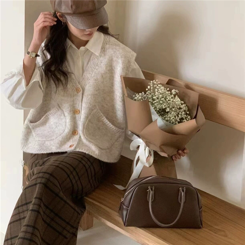 Корейская версия 2024v воротник трикотажный жилет кардиган женский без рукавов