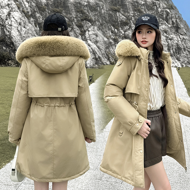2025 invierno extraíble sombrero para superar el nuevo estilo de mujer de estilo largo y medio con camisa de algodón gruesa y delgada chaqueta de algodón
