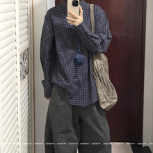 复古休闲衬衫薄外套宽松百搭春秋装2025新款衬衣格纹小众男女同款
