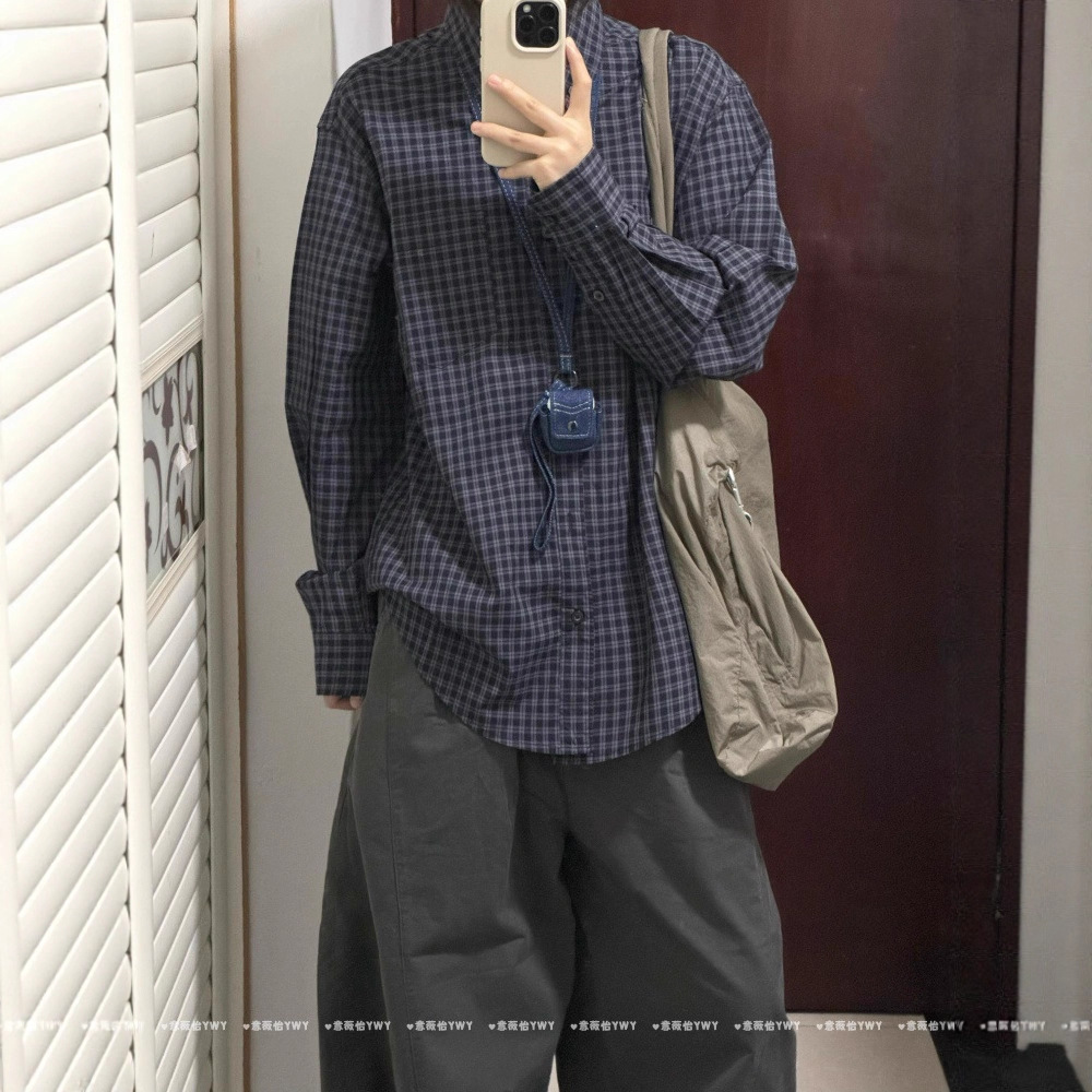 复古休闲衬衫薄外套宽松百搭春秋装2025新款衬衣格纹小众男女同款