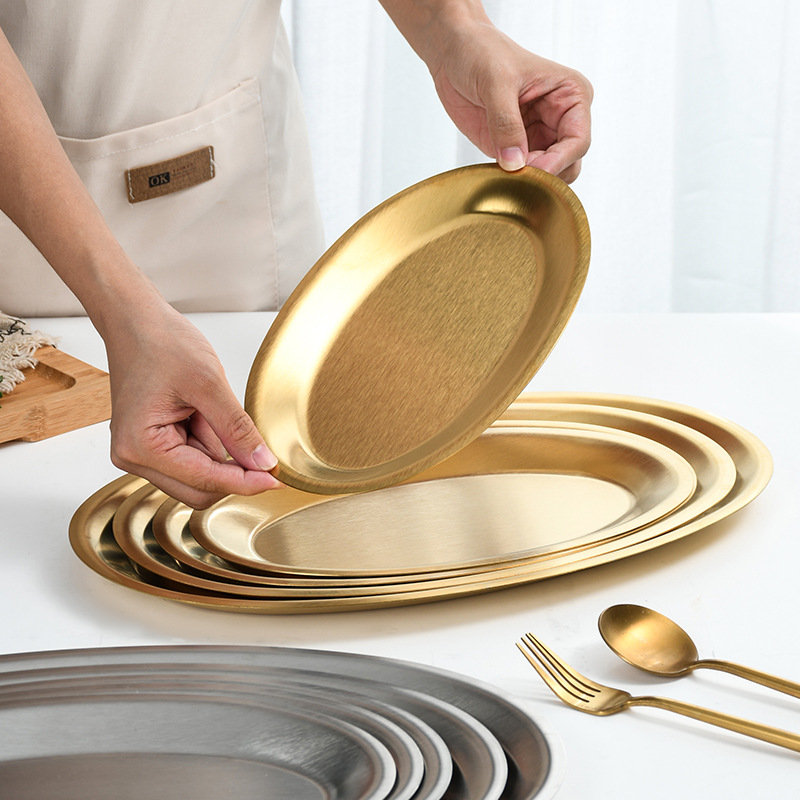 Stainless Steel Korean Oval Plate Golden Barbecue Plate Denier Dessert Plate Fried Chicken Snacks Deep Plate Thickened Wholesale