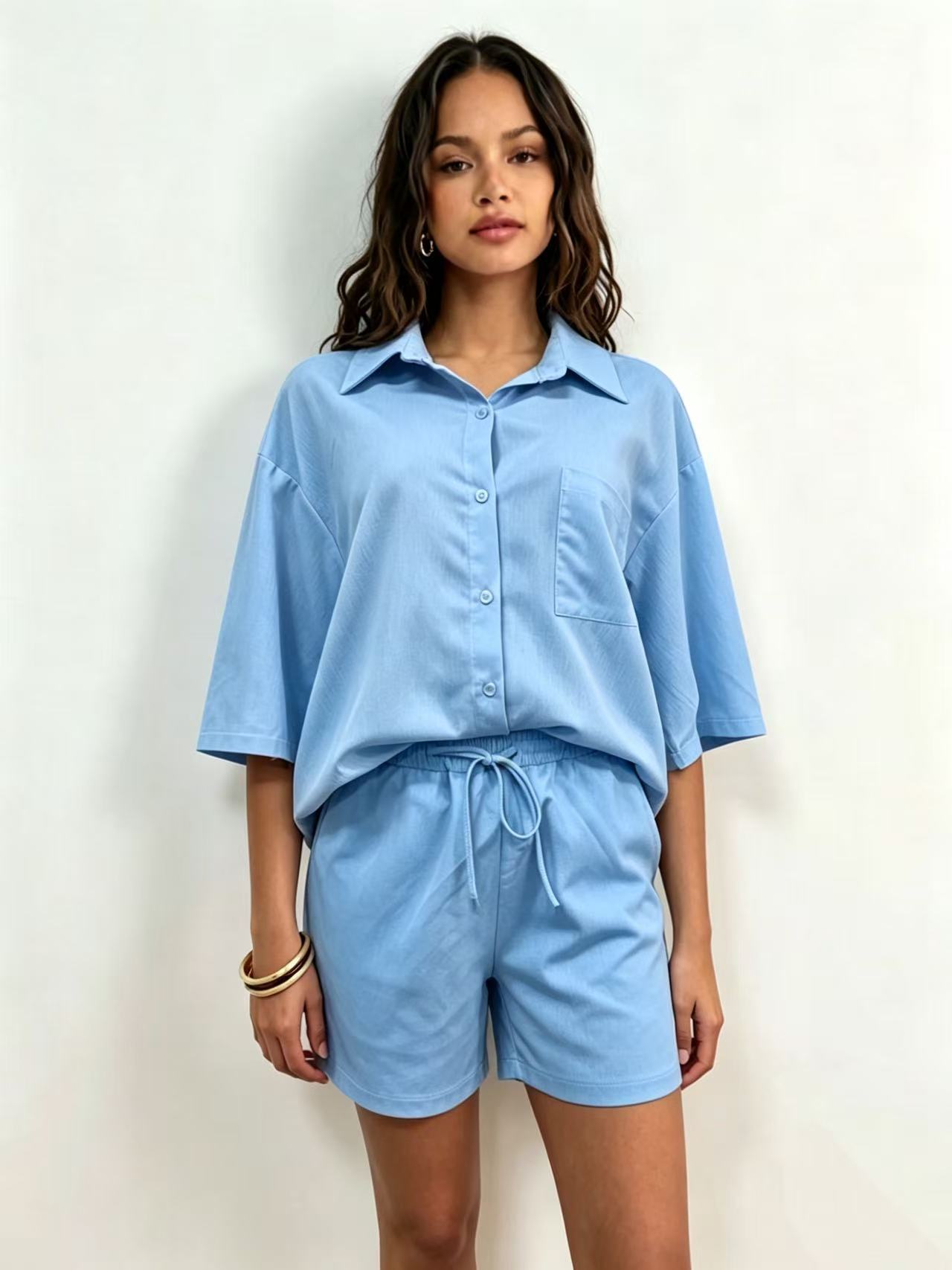Women's Multi Color Collared Loose Fitting Shirt And Shorts Set Casual Solid Color Everyday Commuter Fashion_ecoleips.com