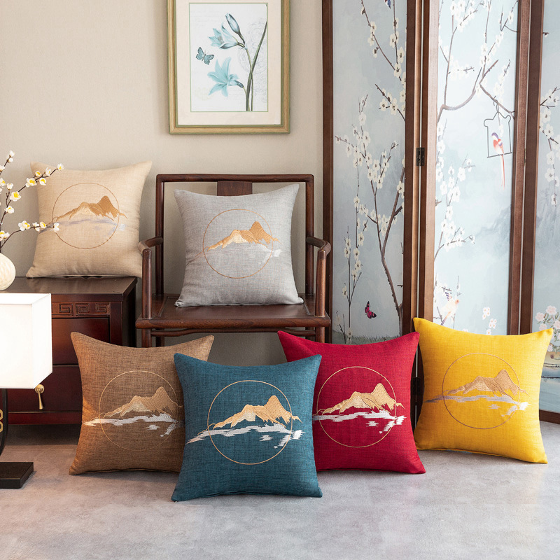 新中式实木沙发山水刺绣亚麻沙发抱枕客厅沙发居家靠垫抱枕套