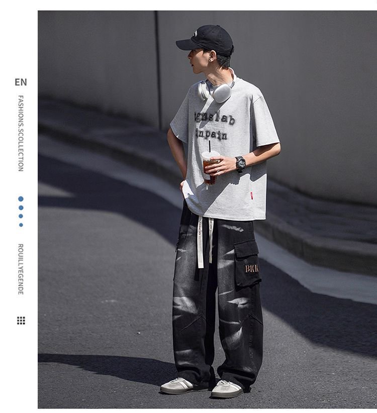 Men's Vintage Light Blue Jeans Retro High Street Hip Hop Design With Pockets Relaxed Straight Leg_mkmklike.com
