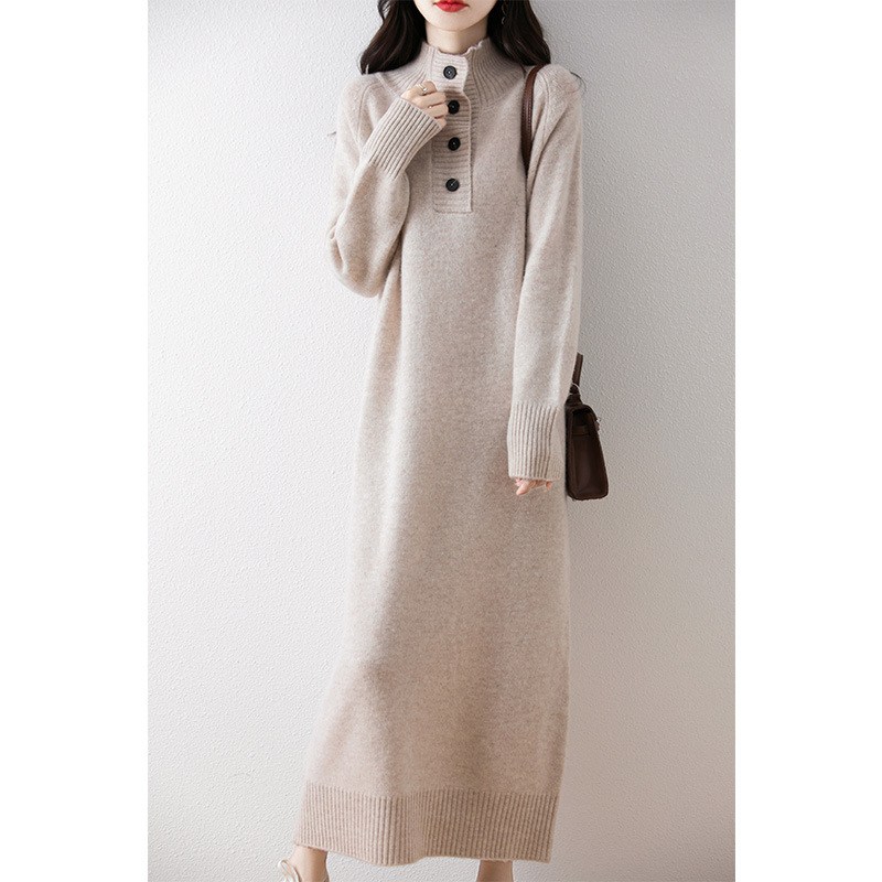 ウールワンピース レディース ロング丈 ゆったり カジュアル 体型カバー ニットワンピース 厚手 ハーフオープンカラー ボタン付き ロングワンピース