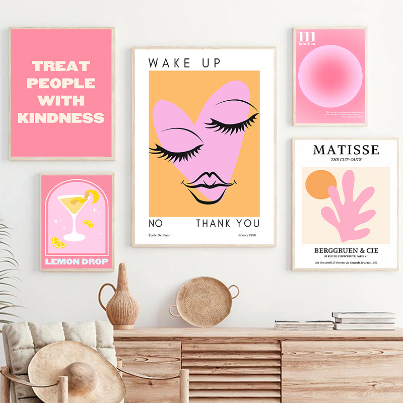 Matisse Pink Decorative Painting Abstract Art Lines Living Room Asymmetrical Combination Mural Restaurant Export Hanging Painting Core