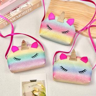 Unicorn Satchel Coin Purse Rainbow Gradient with Pink Ears Soft and Cute Magnetic Buckle Opening and Closing Coin Purse